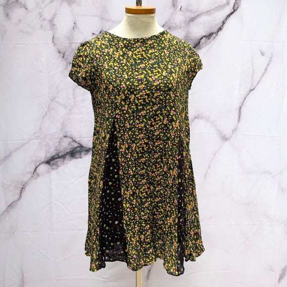 Zara Trafaluc Collection Black Floral Print 90s Short Sleeve Knee Length SZ M - Picture 1 of 8